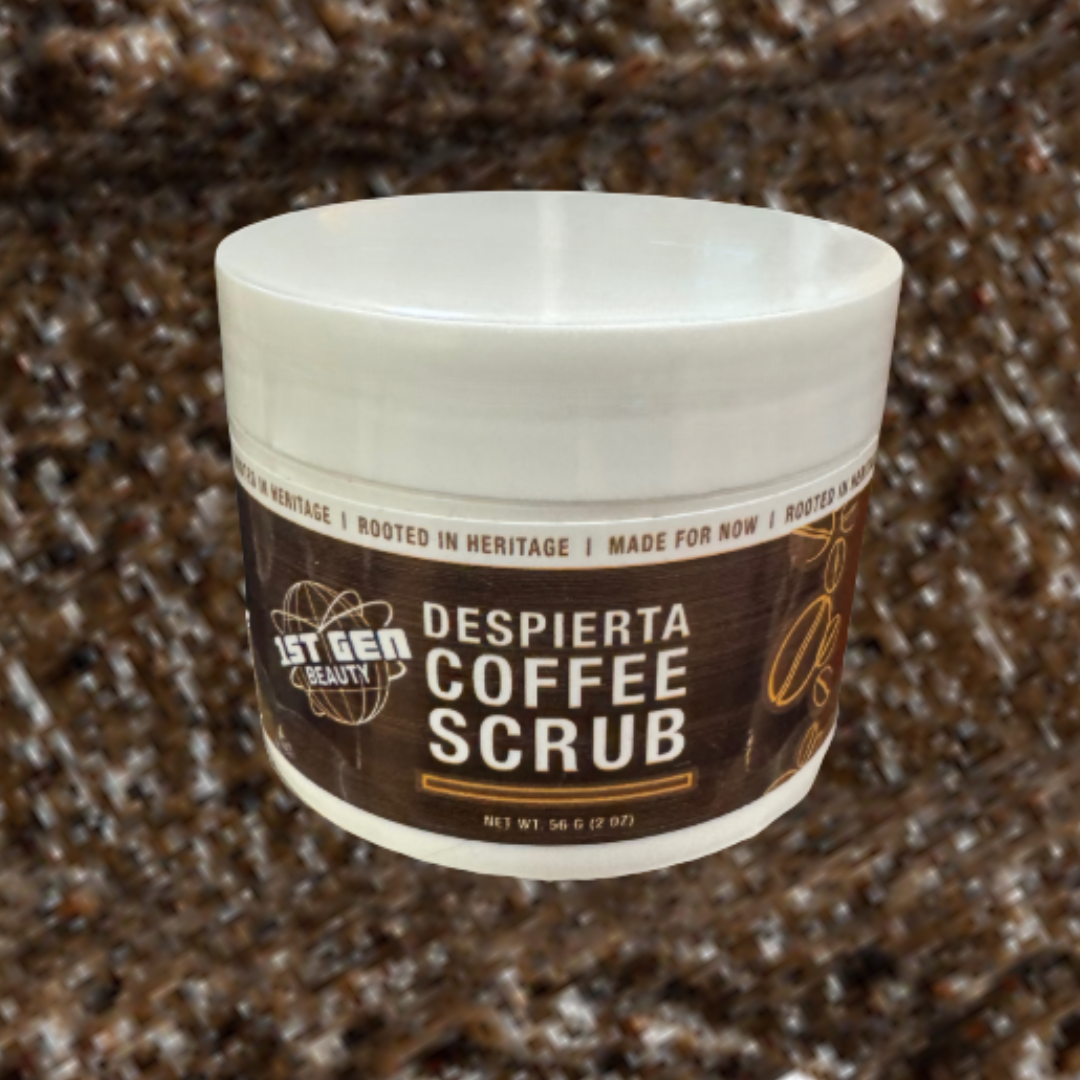 Jar of Despierta Coffee Scrub with visible branding on a textured brown background